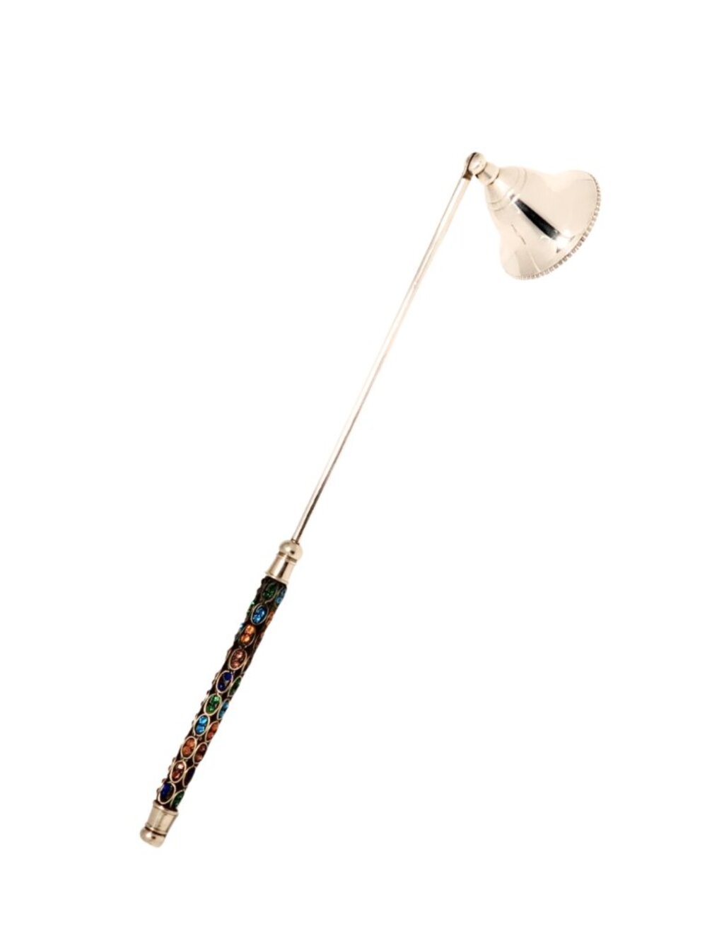 Silver Tone Candle Snuffer Swivel Bell Multicolor Rhinestone Handle